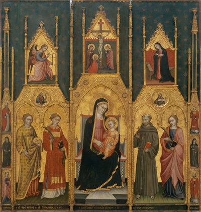 Altarbild der Jungfrau mit den Heiligen Agatha, Stephanus, Franziskus und einem Märtyrer von Giovanni di Pietro da Pisa